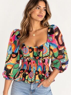 Py Made in Italy Picasso Inspired Abstract Face Smocked Peplum Puff Sleeve Top